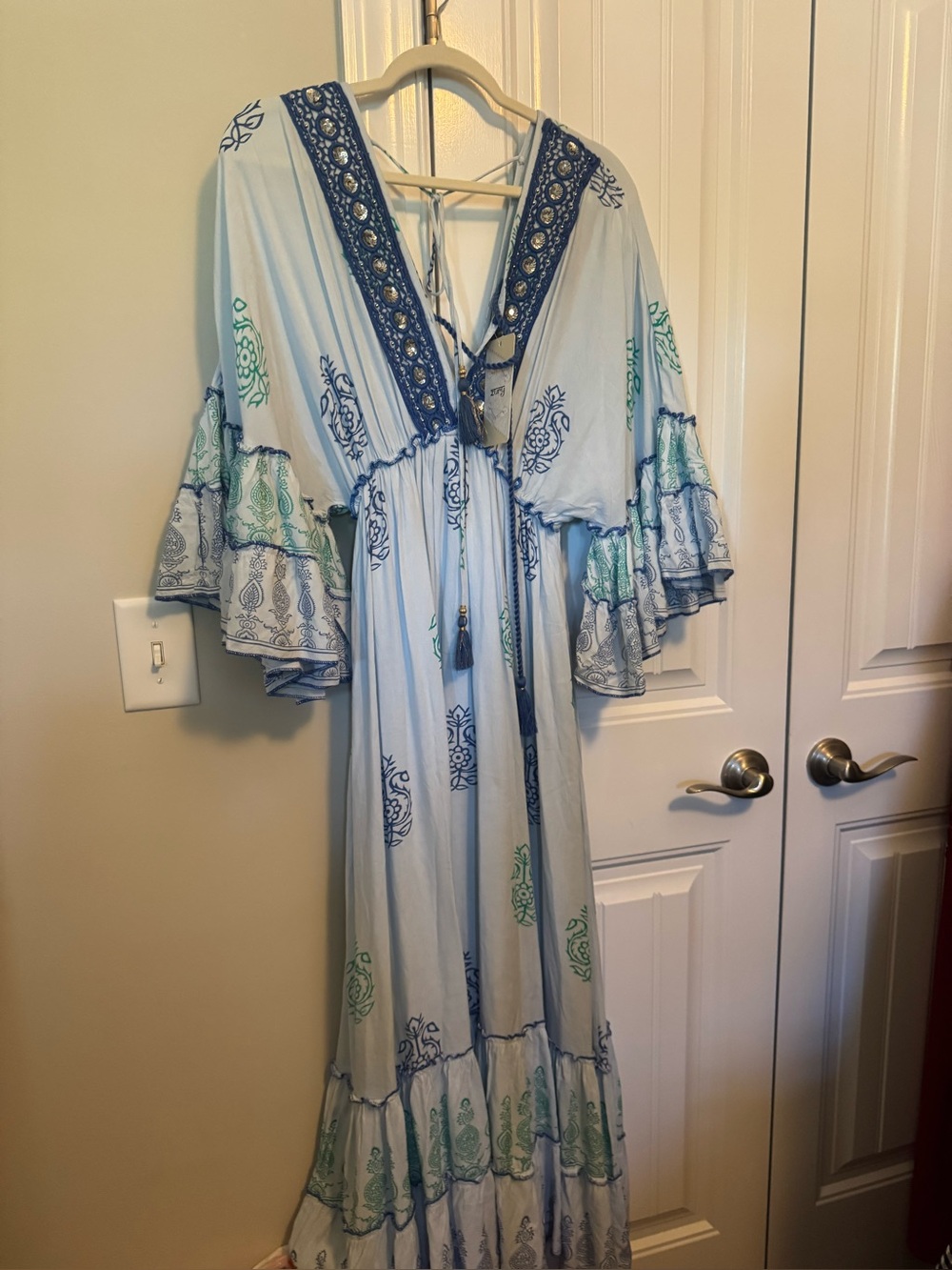 Zury Light Blue Embroidered Maxi Dress with Tassel Tie